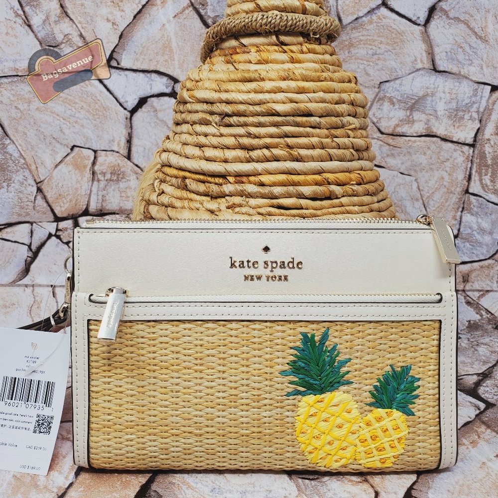 #bagsavenue fast ship kate Spade Pineapple Embroidered Straw Parchment wristlet